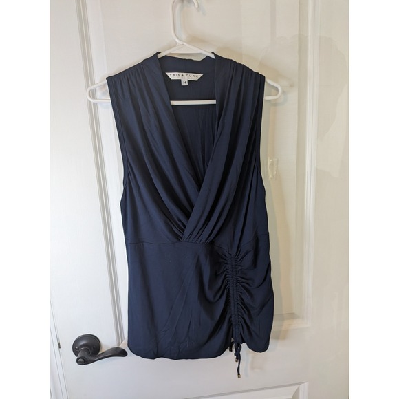 Trina Turk Tops - Trina‎ Turk Womens Navy Blue Ruched Draped Surplice Sleeveless Blouse Size M